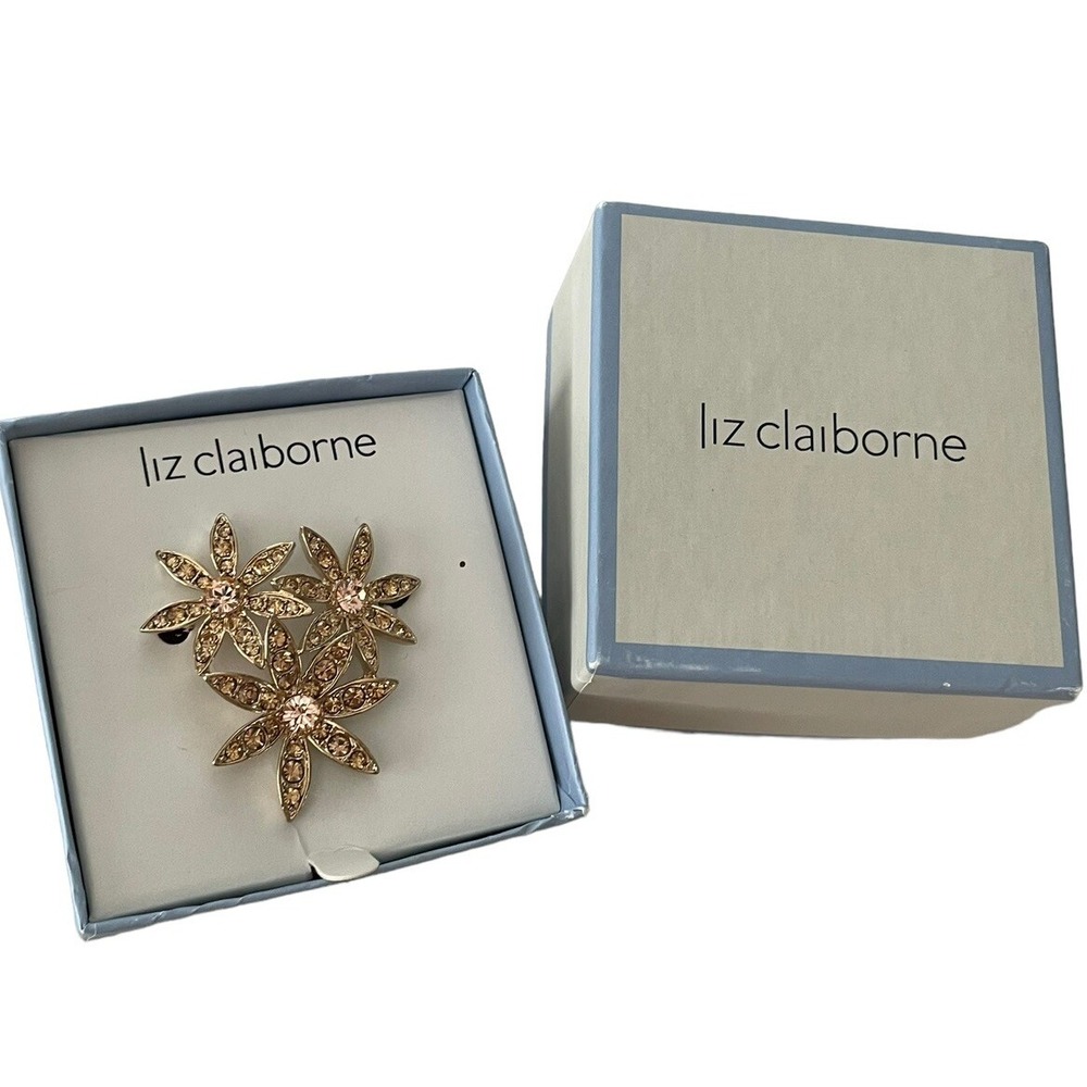 LC Liz‎ Claiborne Cluster Flowers Gold Tone Flower Citrine Crystal Pin Brooch
